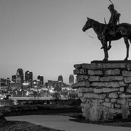 The Scout Overlooking the Kansas City Skyline - Black and White by Gregory Ballos