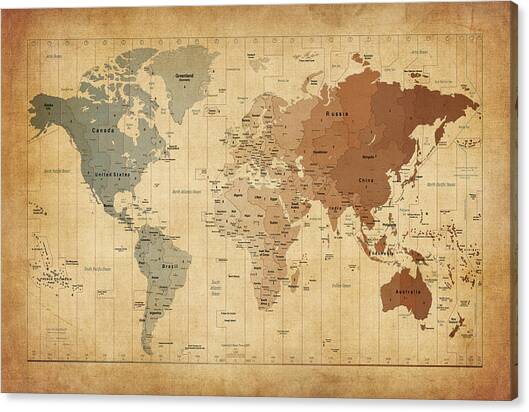 Time Zones Map of the World Canvas Art Print by Michael Tompsett