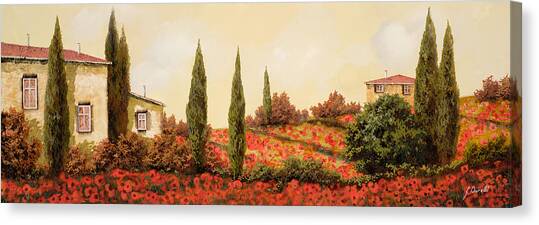 Tre Case Tra I Papaveri Rossi Canvas Art Print by Guido Borelli