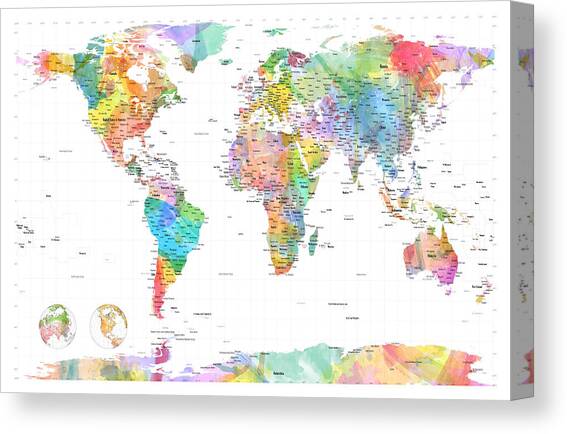 Watercolor Political Map of the World Canvas Art Print by Michael Tompsett