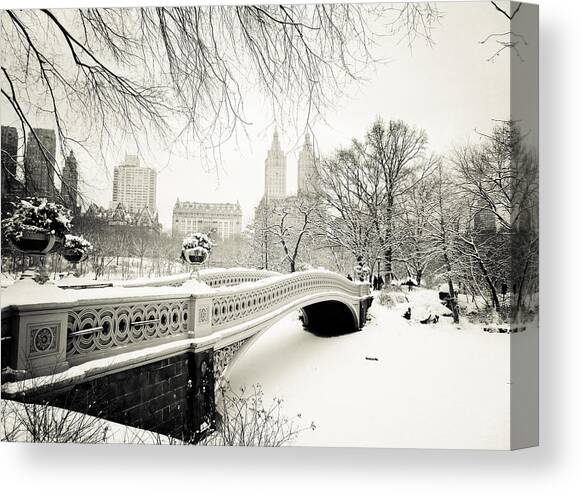 Winter's Touch - Bow Bridge - Central Park - New York City Canvas Art Print by Vivienne Gucwa