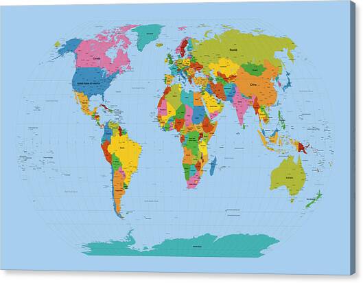 World Map Bright Canvas Art Print by Michael Tompsett