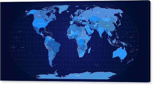 World Map in Blue Canvas Art Print by Michael Tompsett
