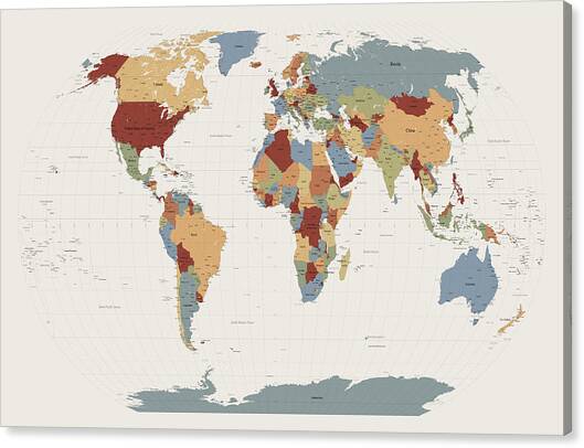 World Map Muted Colors Canvas Art Print by Michael Tompsett
