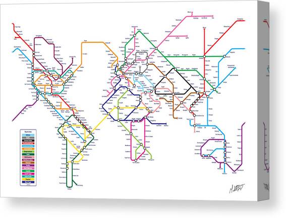 World Metro Tube Subway Map Canvas Art Print by Michael Tompsett